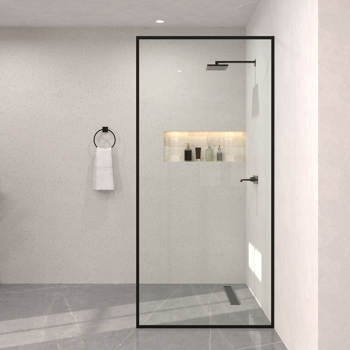 Monture 34 in. W x 72 in. H Fixed Framed Shower Screen Door in Matte Black