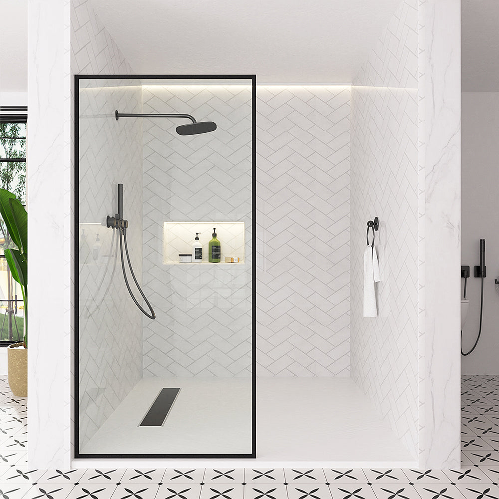 Nyssa 34 in. W x 72 in. H Framed Fixed Shower Screen Door in Matte Black with 5/16 in. (8mm) Tempered Glass