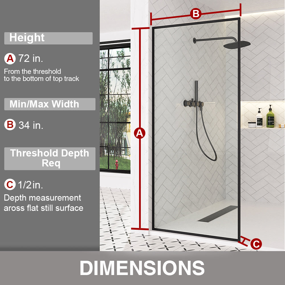 Nyssa 34 in. W x 72 in. H Framed Fixed Shower Screen Door in Matte Black with 5/16 in. (8mm) Tempered Glass