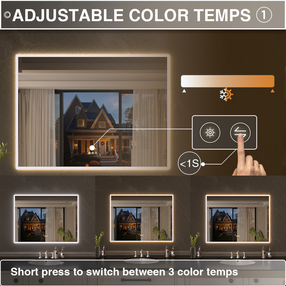 Shimmer Rectangular Frameless Anti-Fog LED Light Dimmable Wall Bathroom Vanity Mirror in Polished Crystal