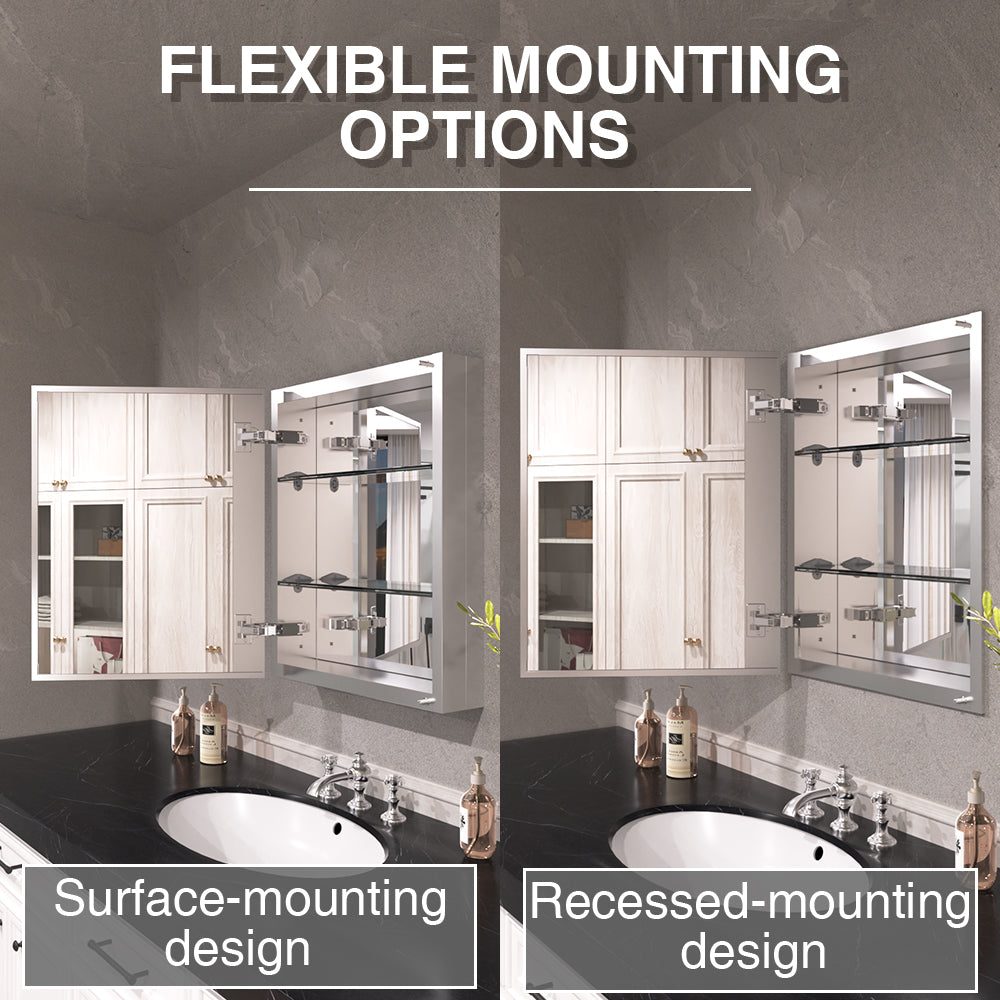 Keen Framless Recessed or Surface-Mount Rectangular Aluminum Medicine Cabinet with Mirror in Silver