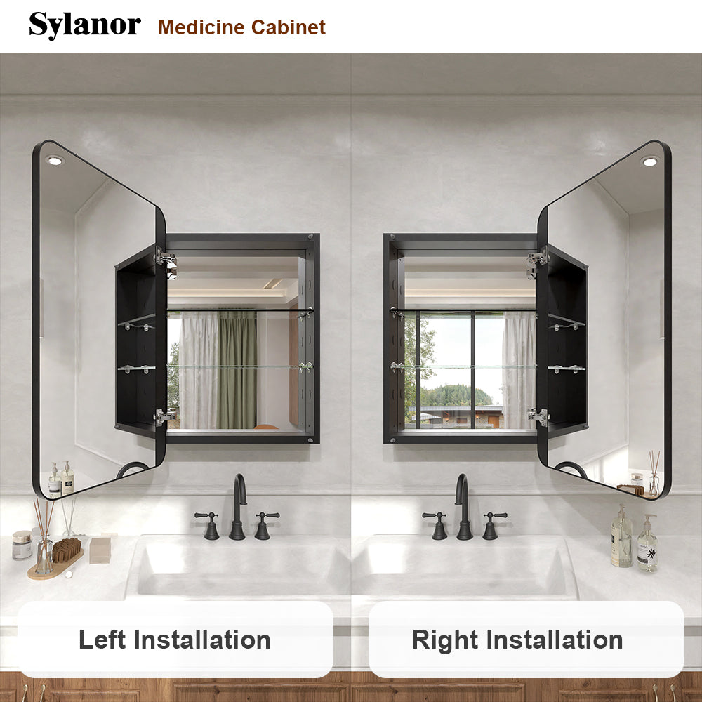 Verve Frameless Recessed or Surface-Mount Rectangular Aluminum Medicine Cabinet with Mirror in Matte Black