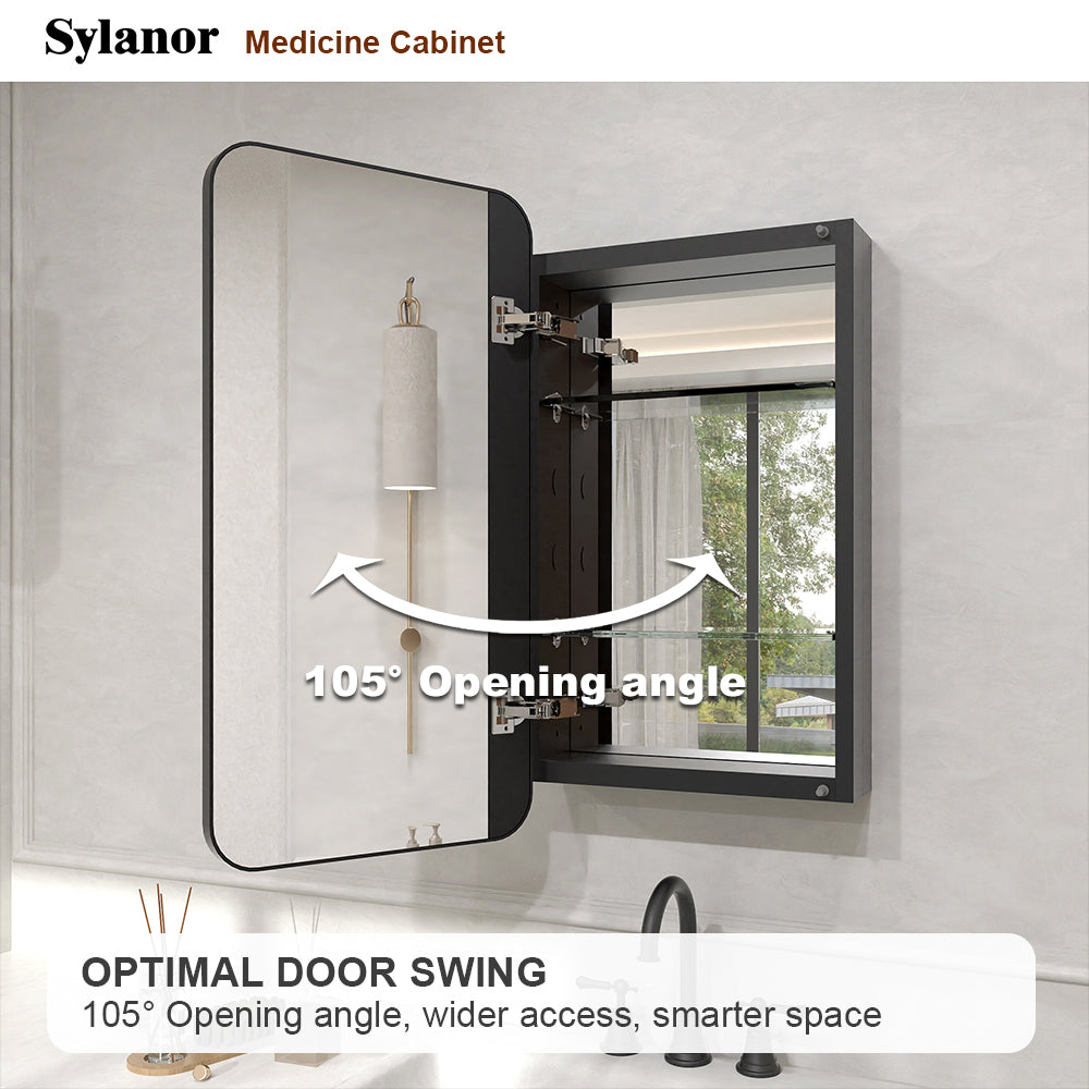 Verve Frameless Recessed or Surface-Mount Rectangular Aluminum Medicine Cabinet with Mirror in Matte Black