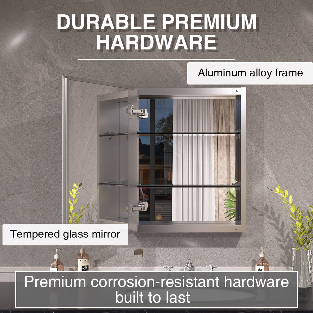 Keen Framless Recessed or Surface-Mount Rectangular Aluminum Medicine Cabinet with Mirror in Silver