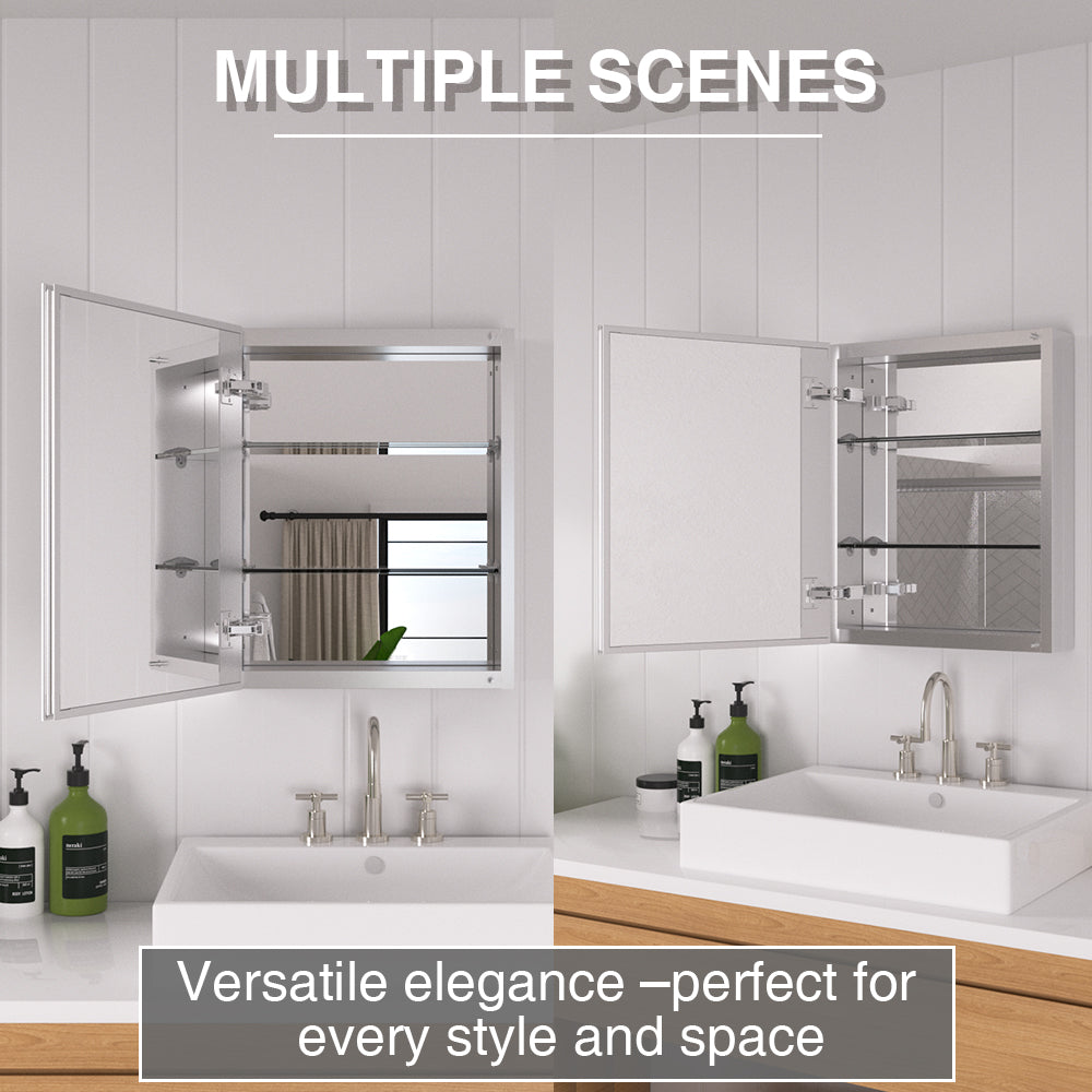 Keen Framless Recessed or Surface-Mount Rectangular Aluminum Medicine Cabinet with Mirror in Silver