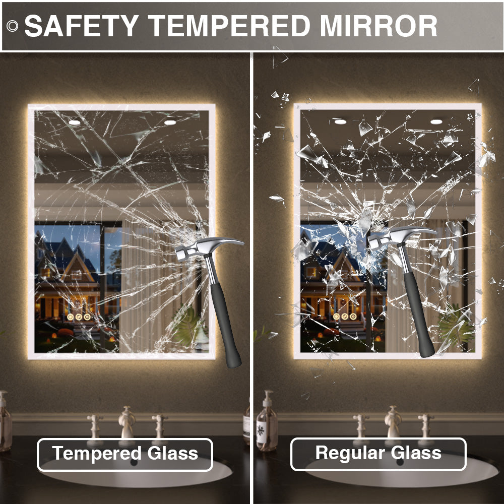 Shimmer Rectangular Frameless Anti-Fog LED Light Dimmable Wall Bathroom Vanity Mirror in Polished Crystal