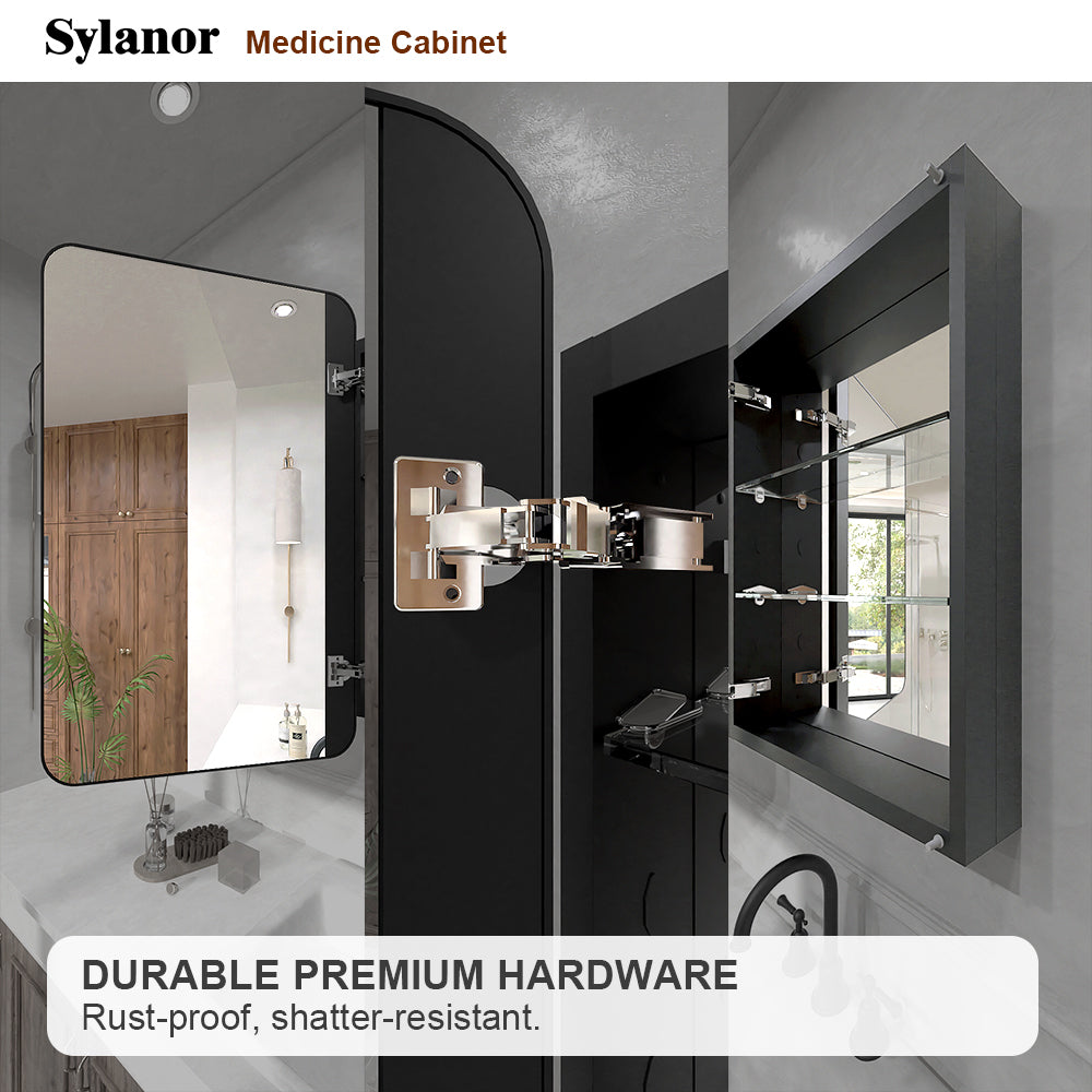 Verve Frameless Recessed or Surface-Mount Rectangular Aluminum Medicine Cabinet with Mirror in Matte Black
