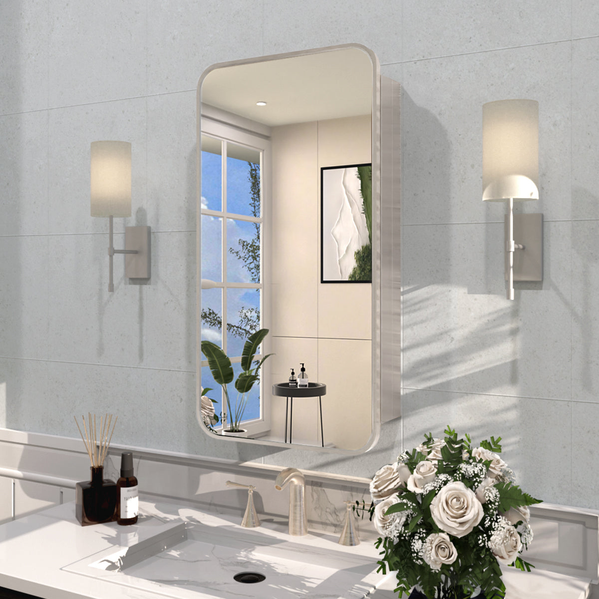 Rectangular Framed Recessed/Surface Mount Medicine Cabinet with Mirror in Brushed Nickel