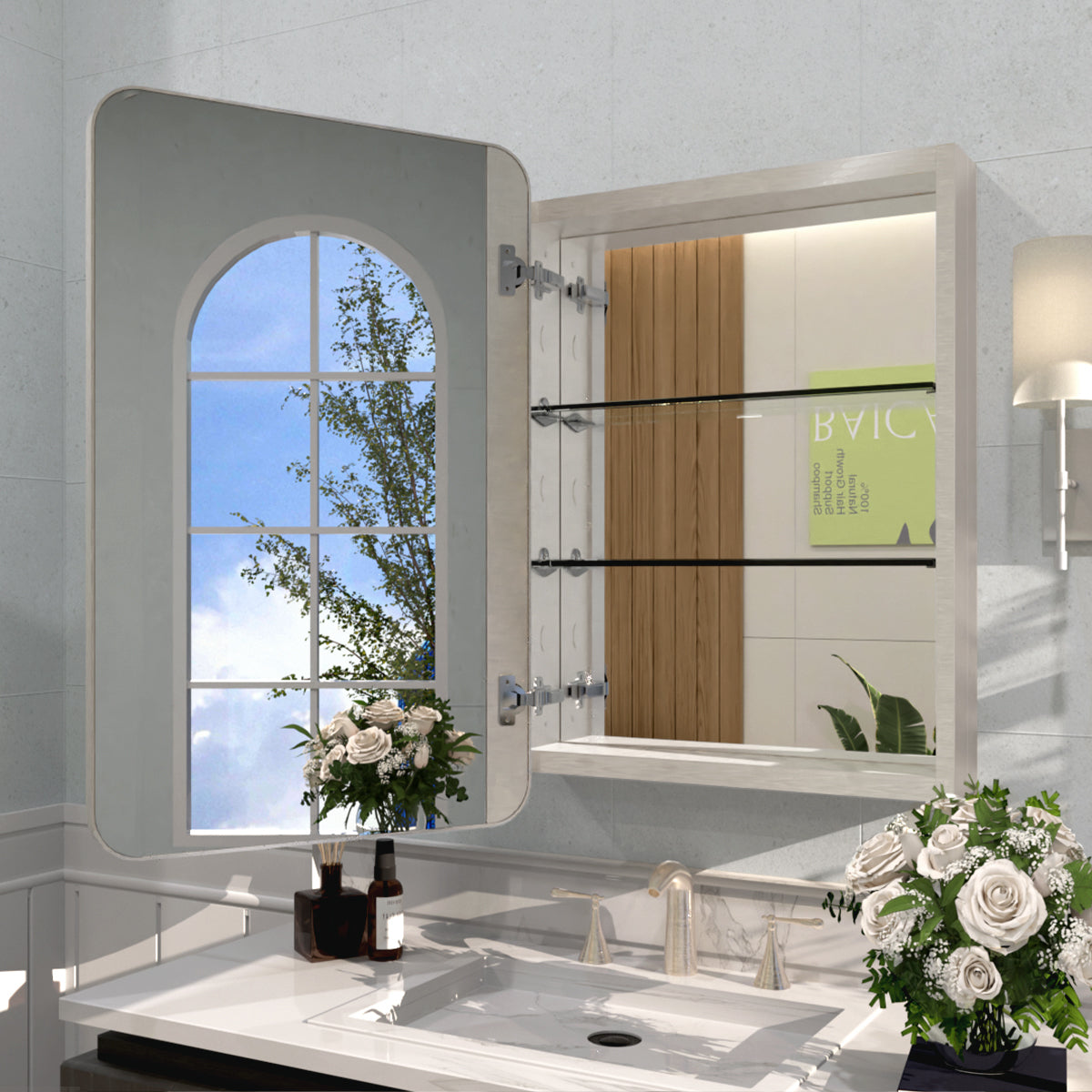 Rectangular Framed Recessed/Surface Mount Medicine Cabinet with Mirror in Brushed Nickel