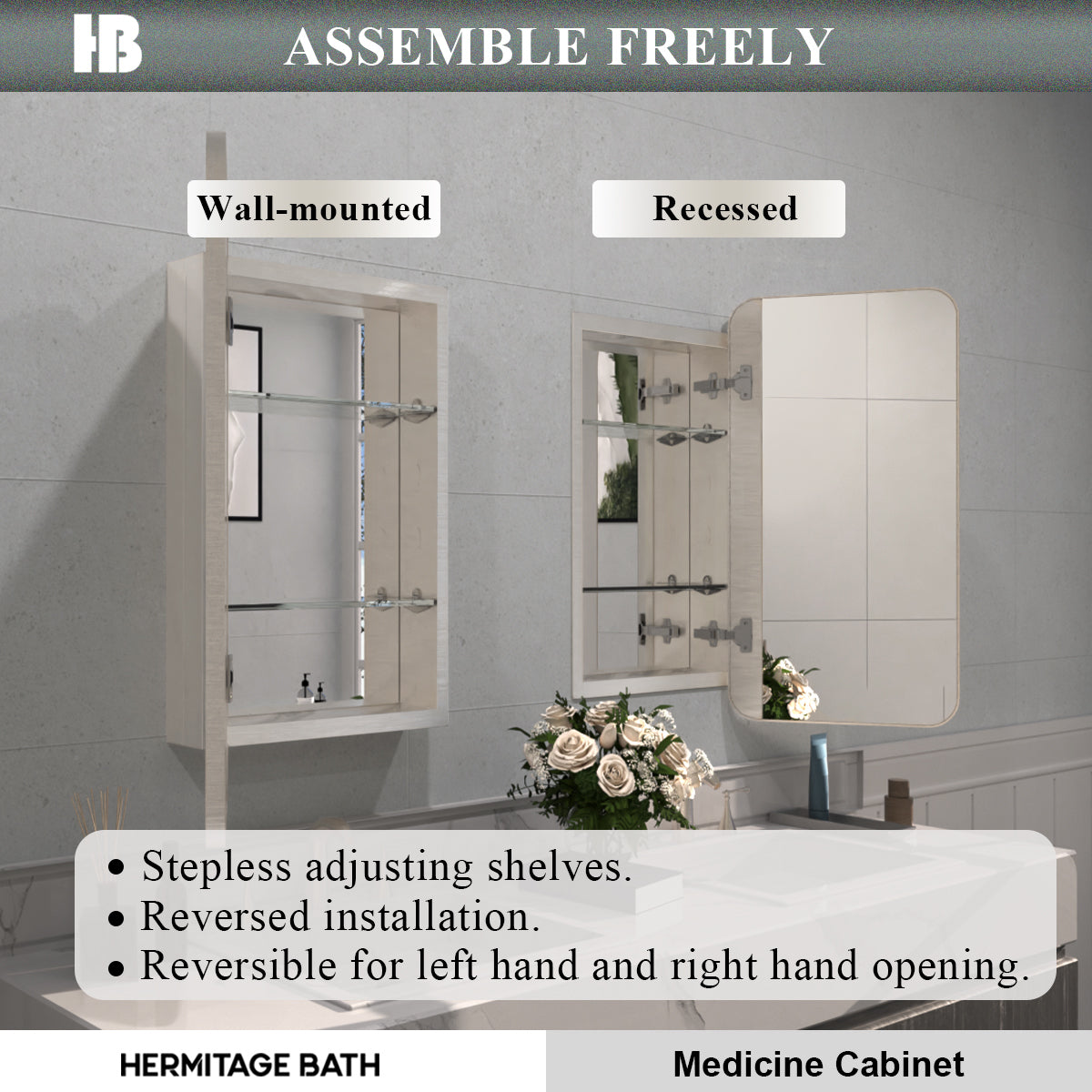 Rectangular Framed Recessed/Surface Mount Medicine Cabinet with Mirror in Brushed Nickel