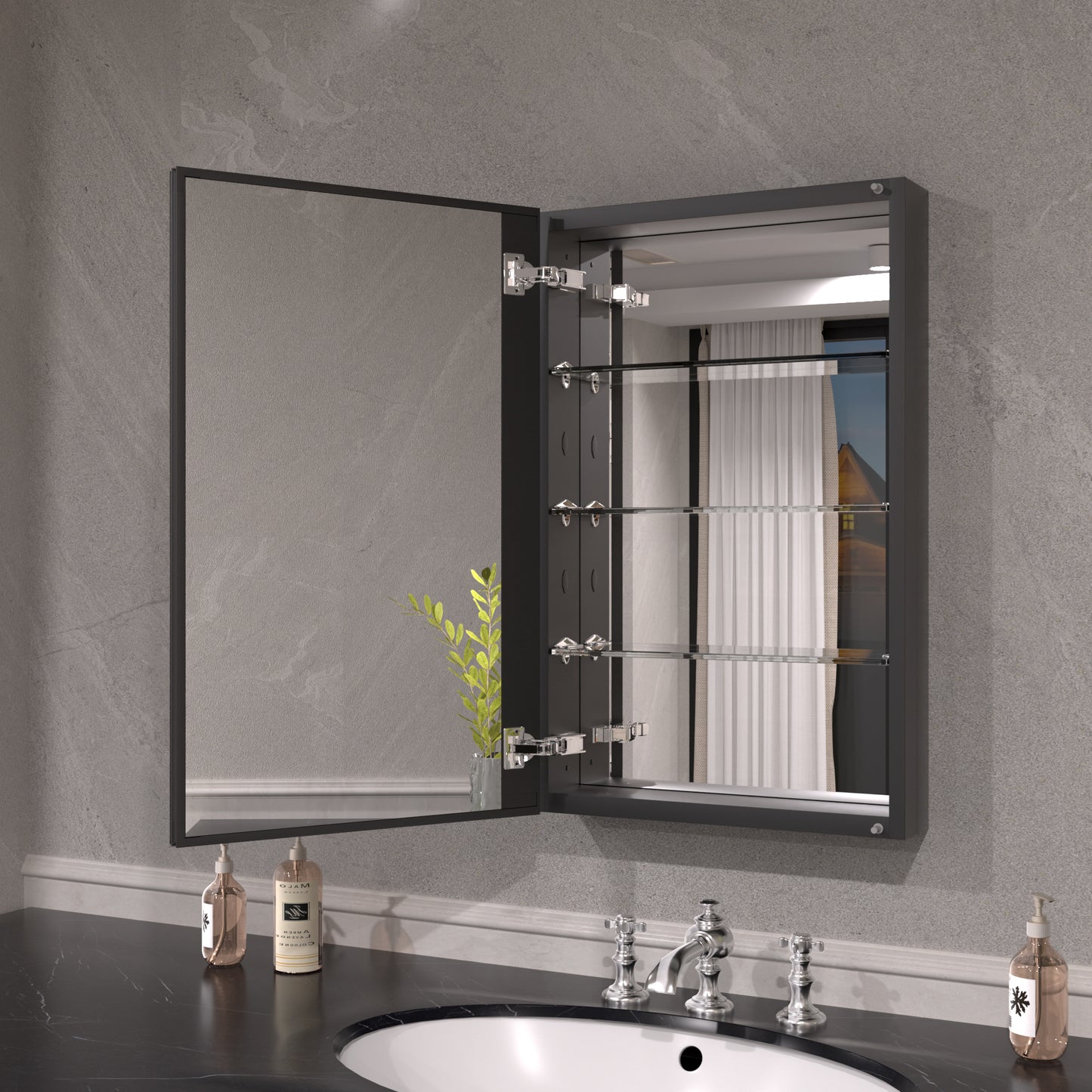 Keen Framless Recessed or Surface-Mount Rectangular Aluminum Medicine Cabinet with Mirror in Matte Black