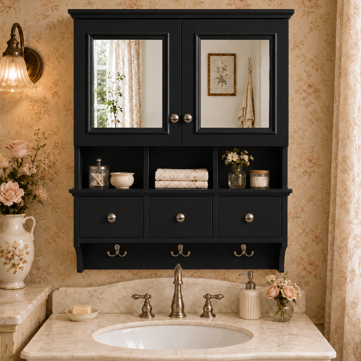 Aurelia 24 in. W x 28 in. H Rectangular MDF Surface Mount Framed Medicine Cabinet with Mirror & Hooks Matte Black 1_02f90282-519d-4ff1-a334-d15e28e2625f