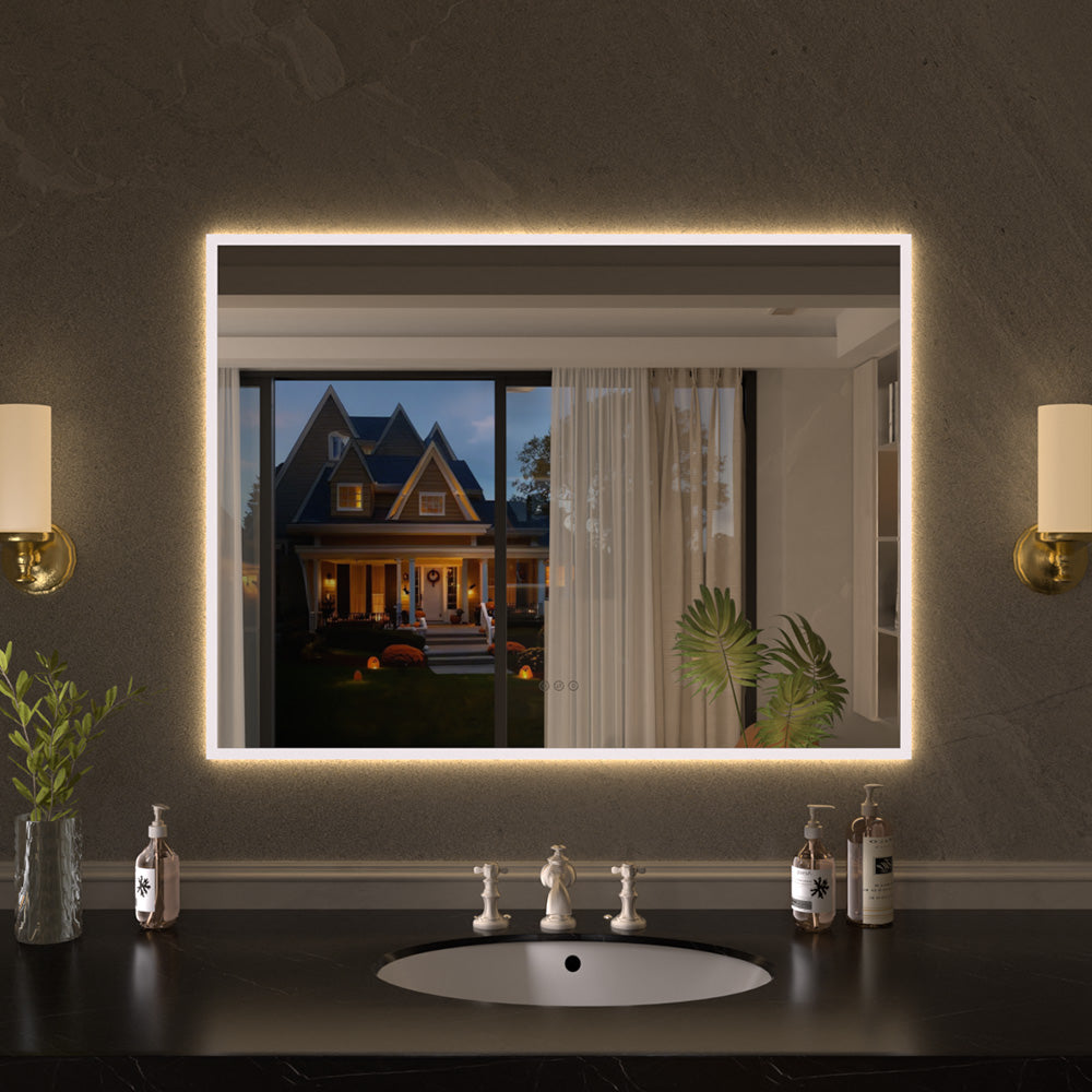 Shimmer Rectangular Frameless Anti-Fog LED Light Dimmable Wall Bathroom Vanity Mirror in Polished Crystal
