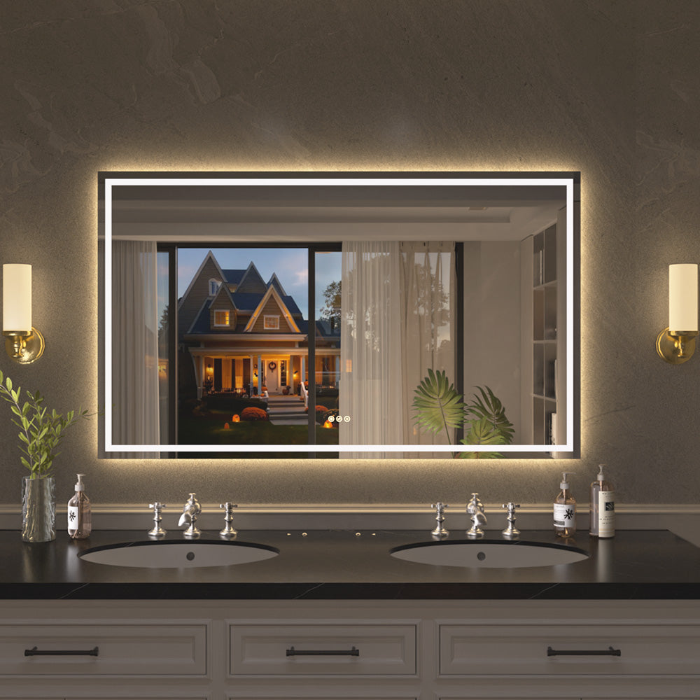 Flicker Rectangular Frameless Anti-Fog LED Light Dimmable Wall Bathroom Vanity Mirror in Polished Crystal