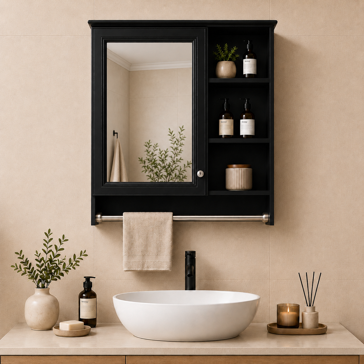 30 in. W x 28 in. H Rectangular Wall Mounted Medicine Cabinet with Mirror, Open Storage and Towel Bar Matte-Black 1_976cedcb-826a-4d51-9115-f13c6a988e94