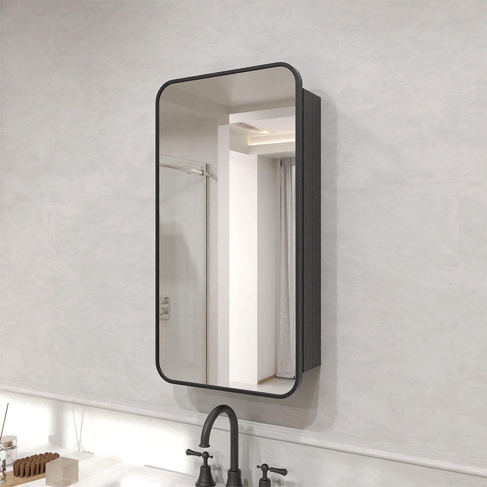 Verve Frameless Recessed or Surface-Mount Rectangular Aluminum Medicine Cabinet with Mirror in Matte Black