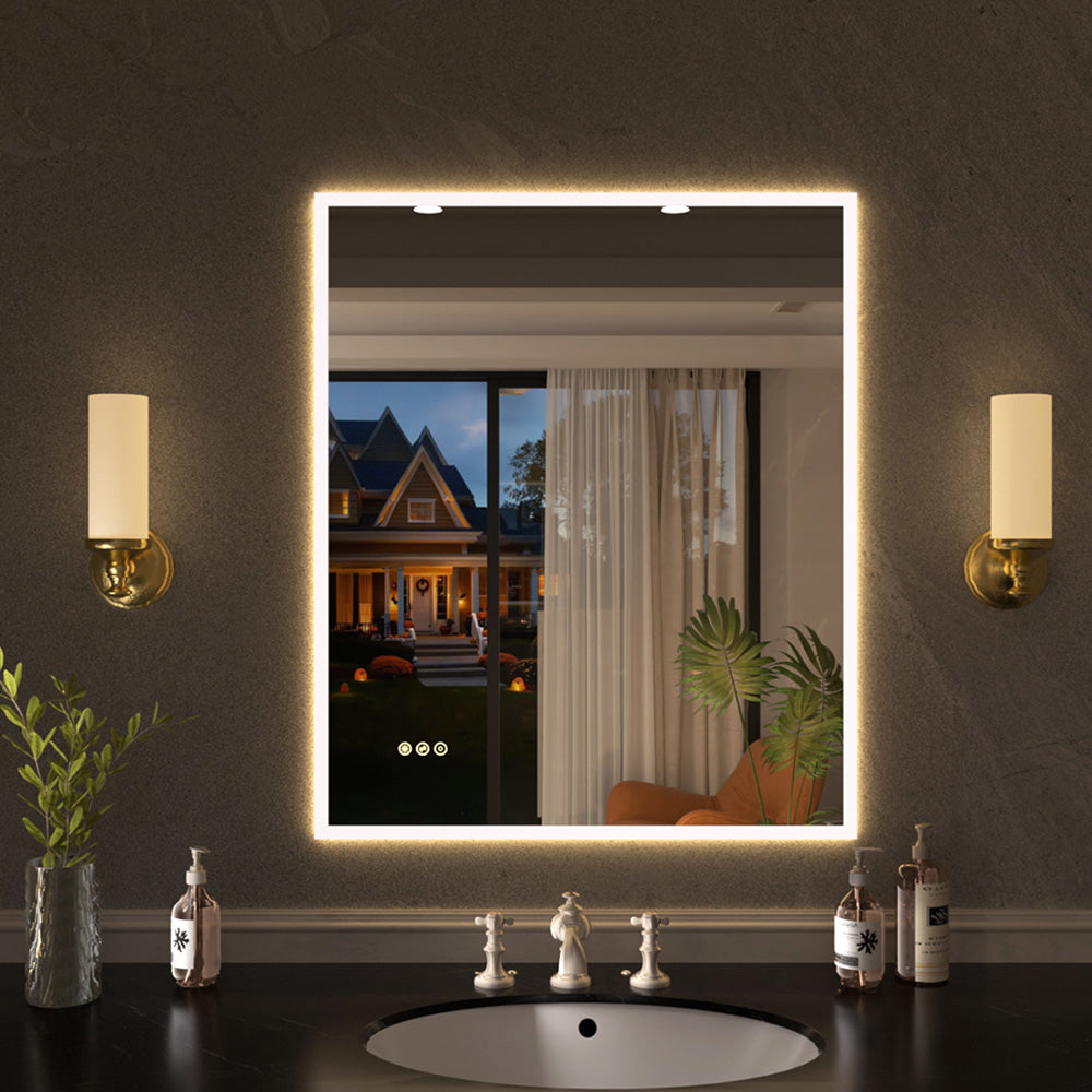 Shimmer Rectangular Frameless Anti-Fog LED Light Dimmable Wall Bathroom Vanity Mirror in Polished Crystal
