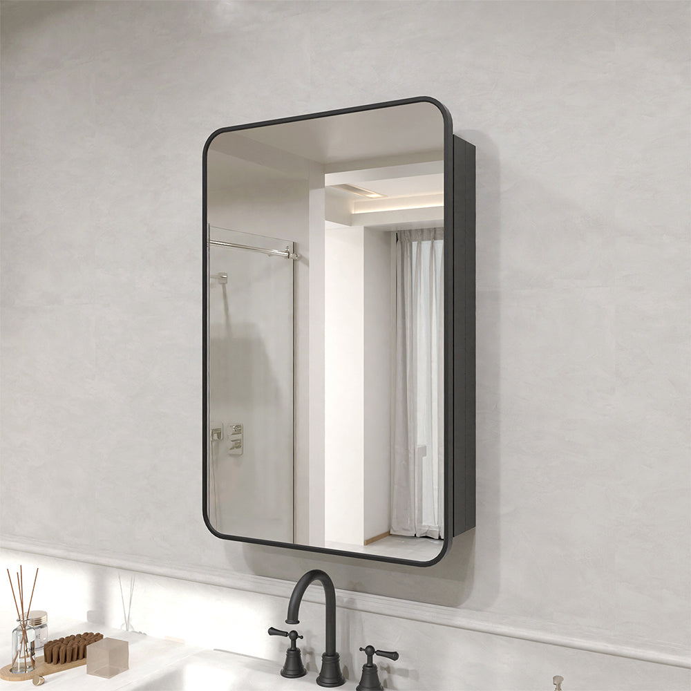Verve Frameless Recessed or Surface-Mount Rectangular Aluminum Medicine Cabinet with Mirror in Matte Black