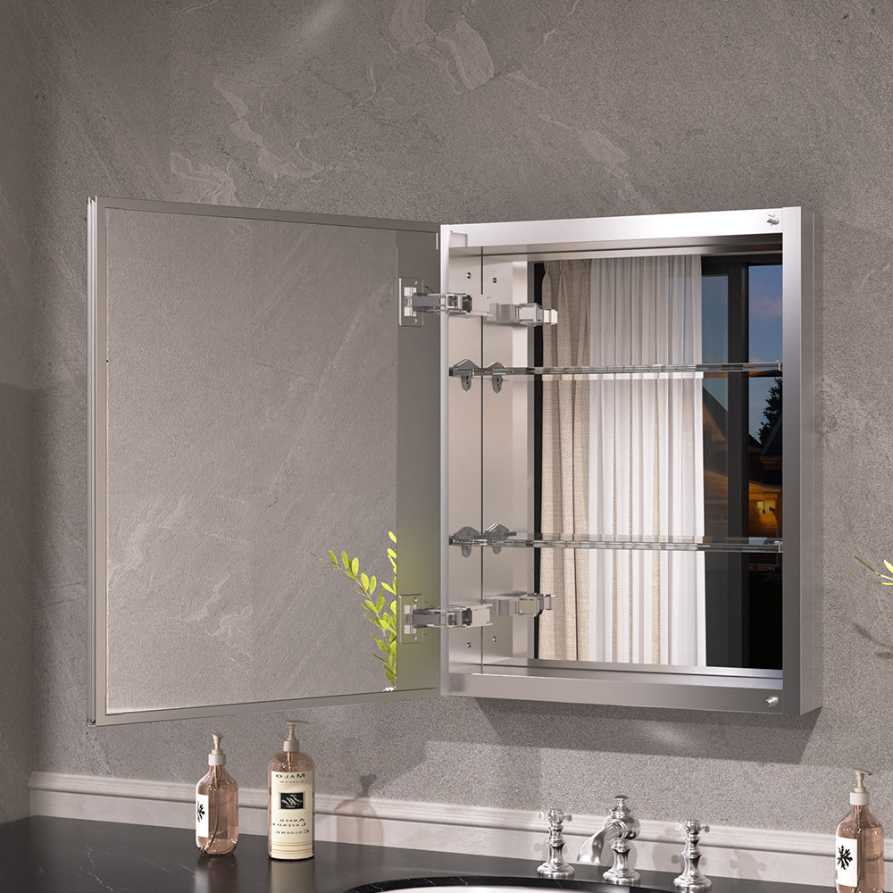 Keen Framless Recessed or Surface-Mount Rectangular Aluminum Medicine Cabinet with Mirror in Silver