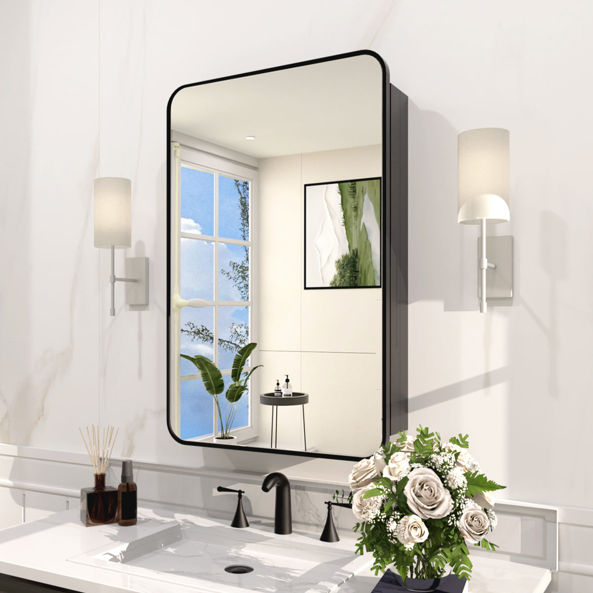 Rectangular Framed Recessed/Surface Mount Medicine Cabinet with Mirror in Matte Black