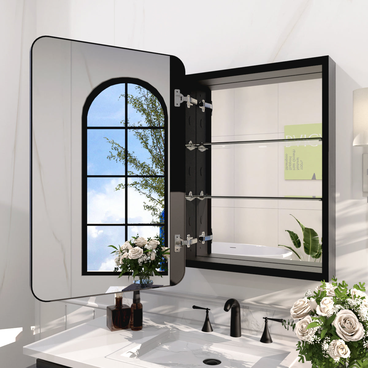 Rectangular Framed Recessed/Surface Mount Medicine Cabinet with Mirror in Matte Black
