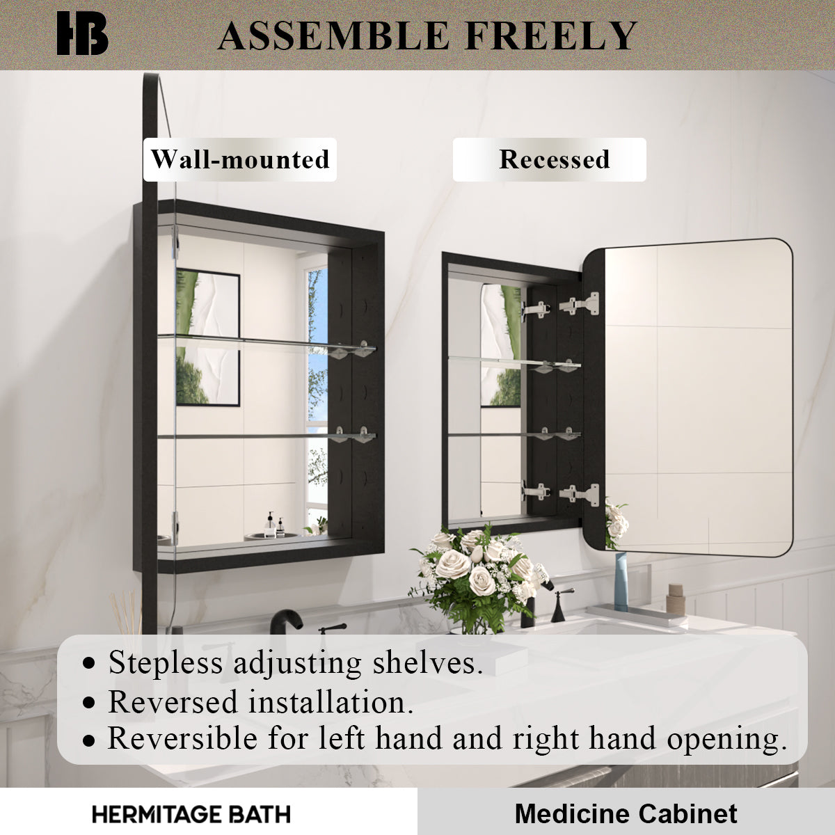 Rectangular Framed Recessed/Surface Mount Medicine Cabinet with Mirror in Matte Black