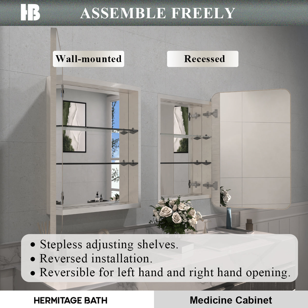 Rectangular Framed Recessed/Surface Mount Medicine Cabinet with Mirror in Brushed Nickel