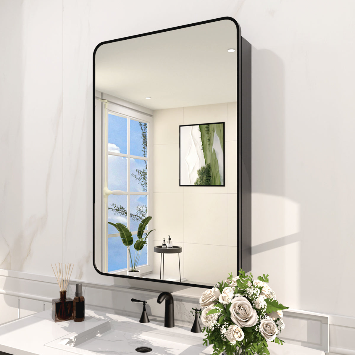 Rectangular Framed Recessed/Surface Mount Medicine Cabinet with Mirror in Matte Black