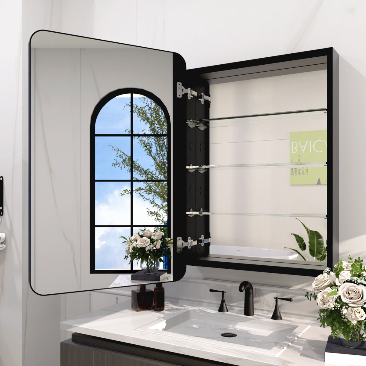 Rectangular Framed Recessed/Surface Mount Medicine Cabinet with Mirror in Matte Black