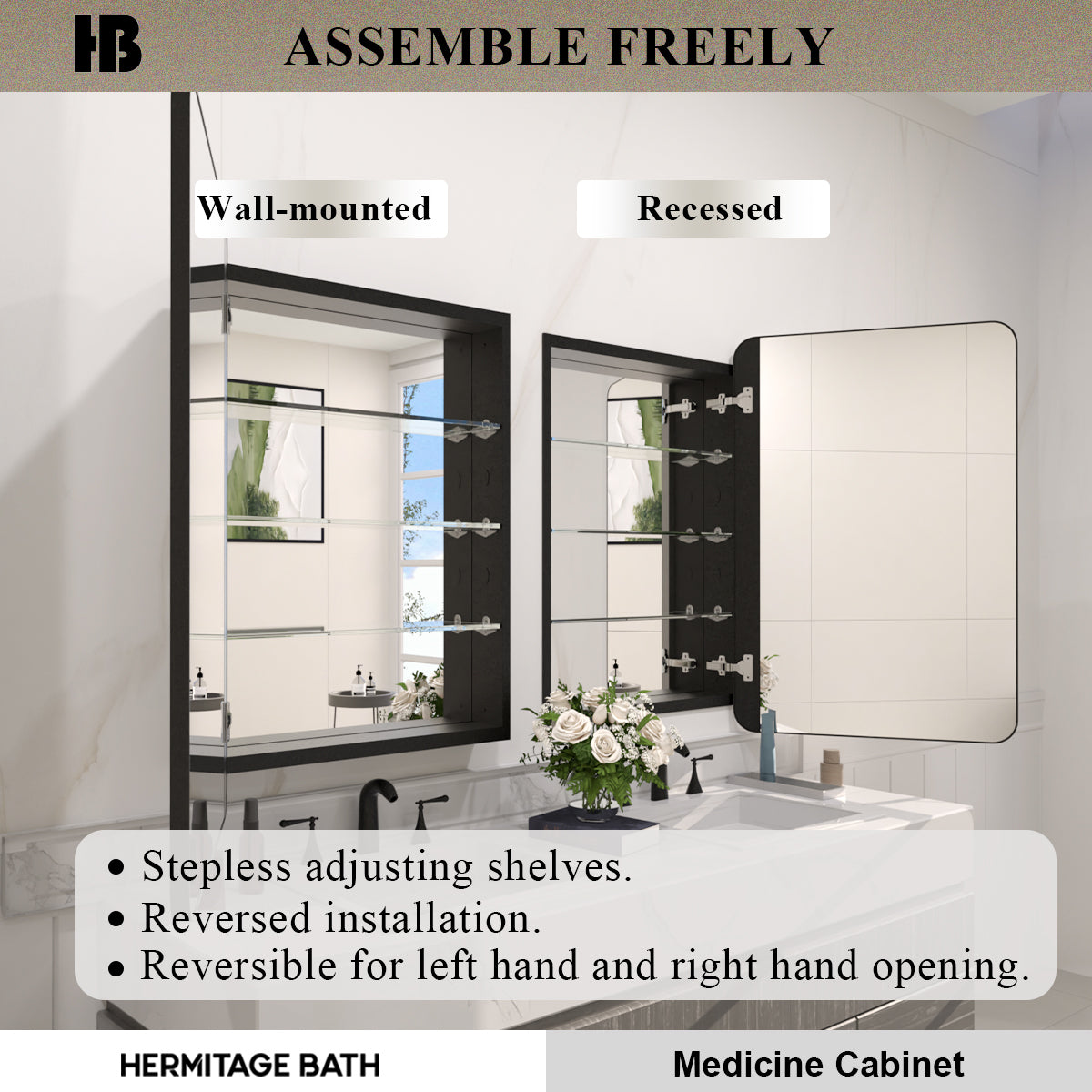 Rectangular Framed Recessed/Surface Mount Medicine Cabinet with Mirror in Matte Black