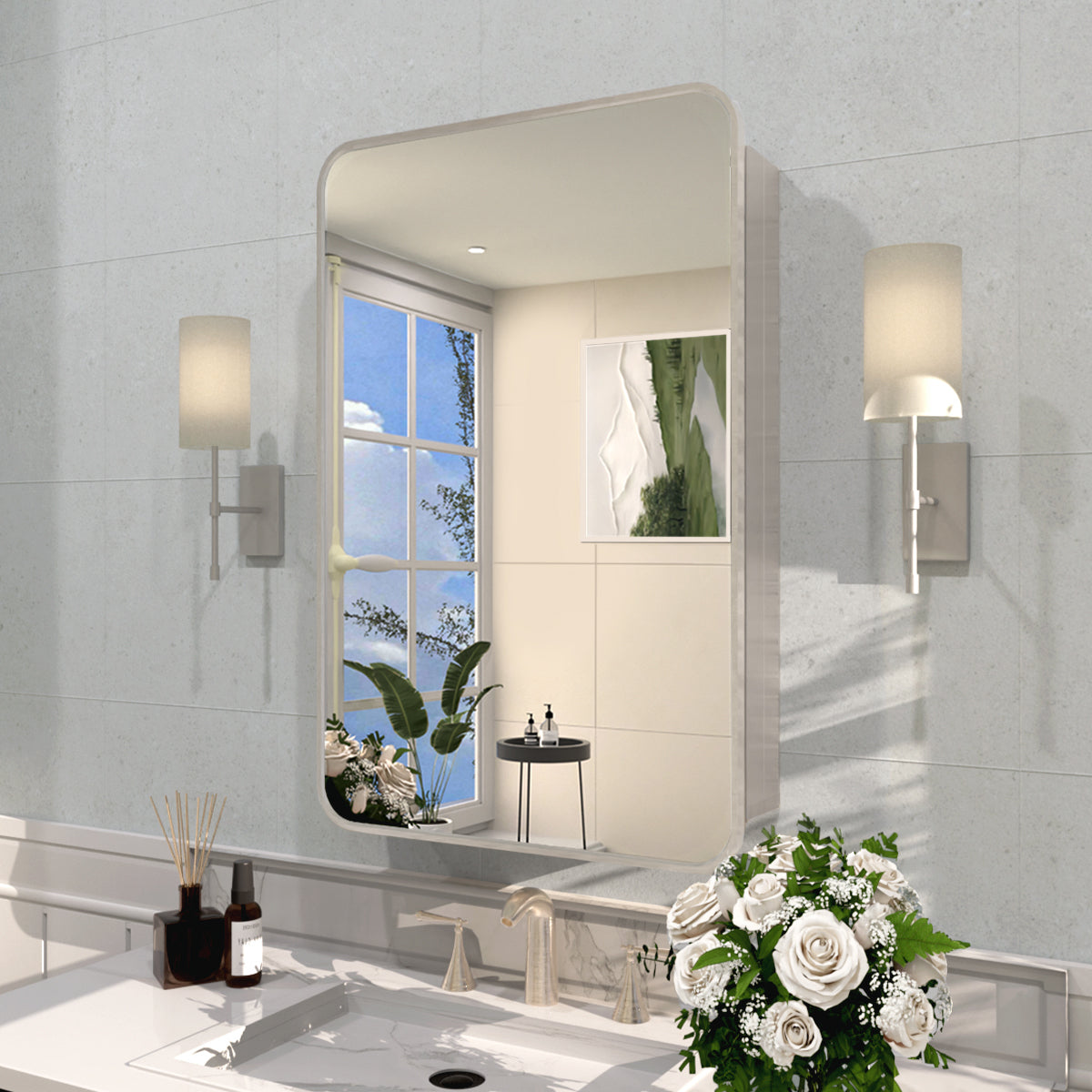 Rectangular Framed Recessed/Surface Mount Medicine Cabinet with Mirror in Brushed Nickel