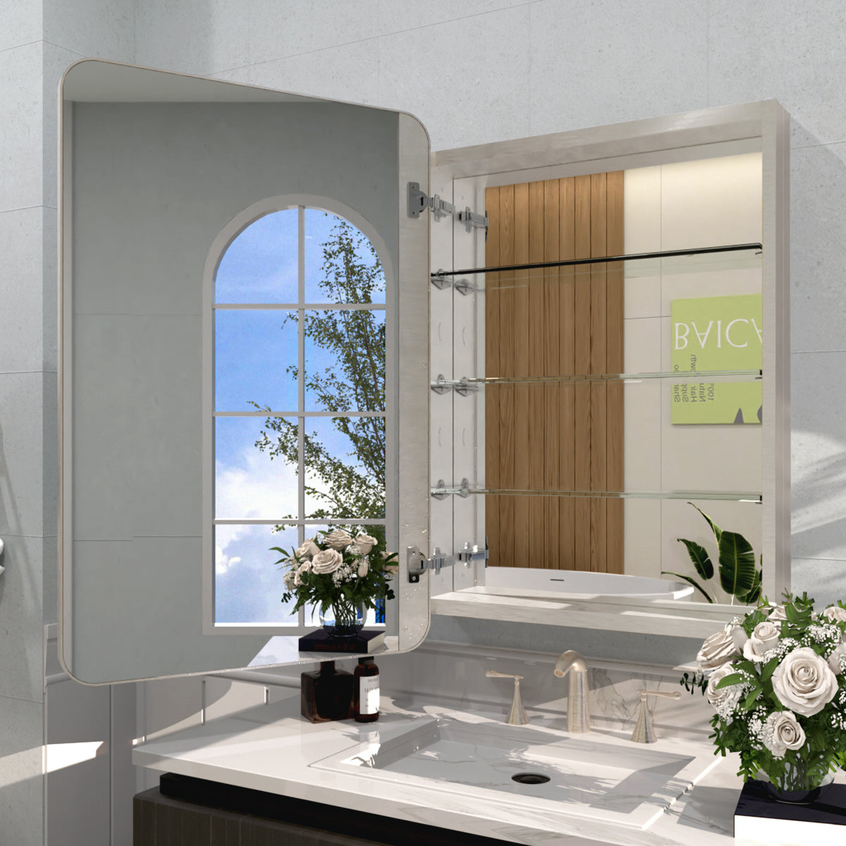 Rectangular Framed Recessed/Surface Mount Medicine Cabinet with Mirror in Brushed Nickel