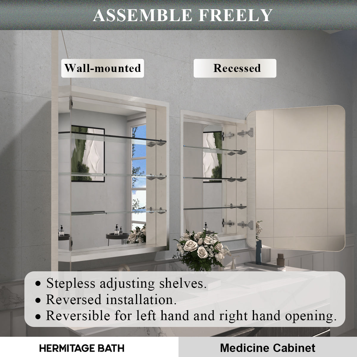 Rectangular Framed Recessed/Surface Mount Medicine Cabinet with Mirror in Brushed Nickel
