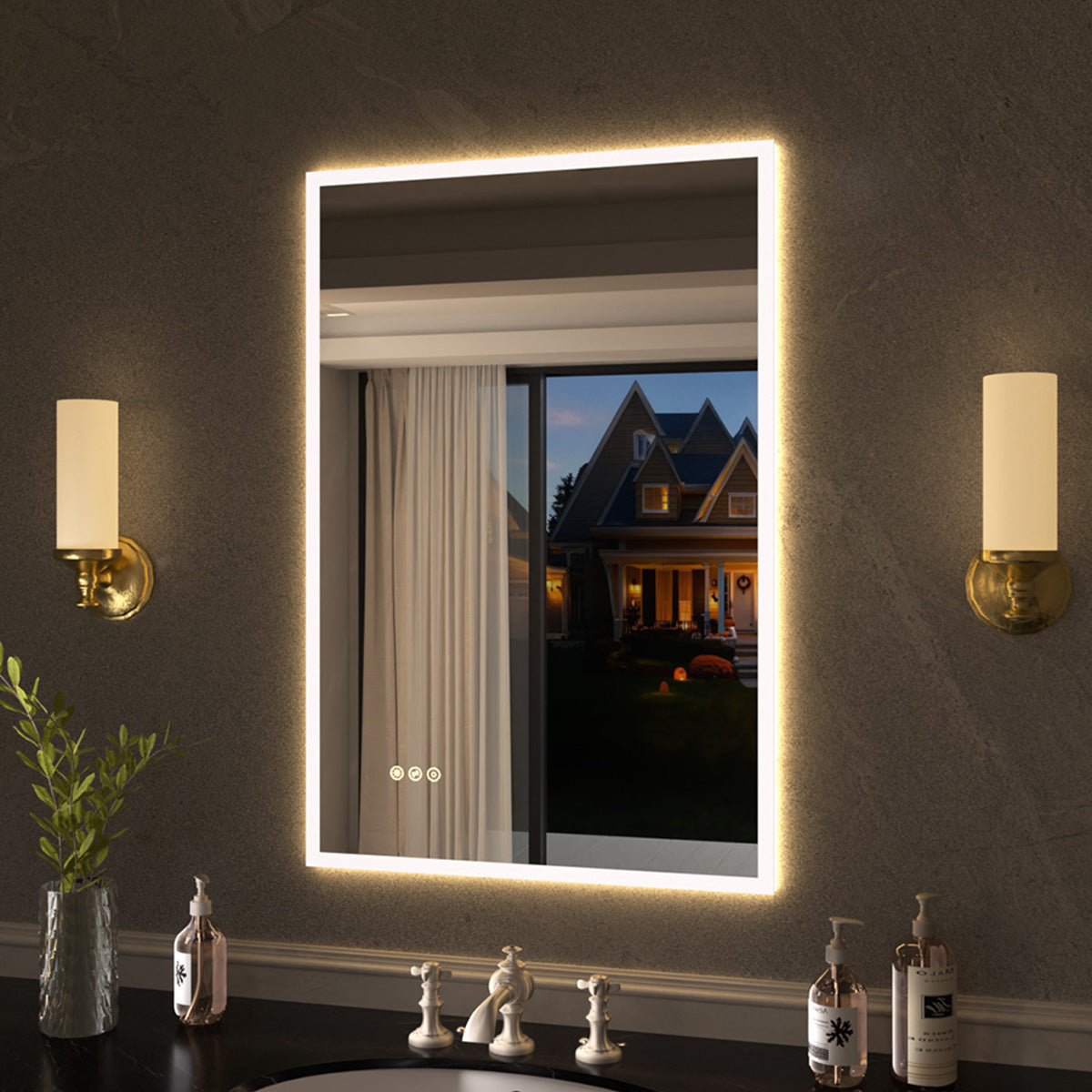 Shimmer Rectangular Frameless Anti-Fog LED Light Dimmable Wall Bathroom Vanity Mirror in Polished Crystal