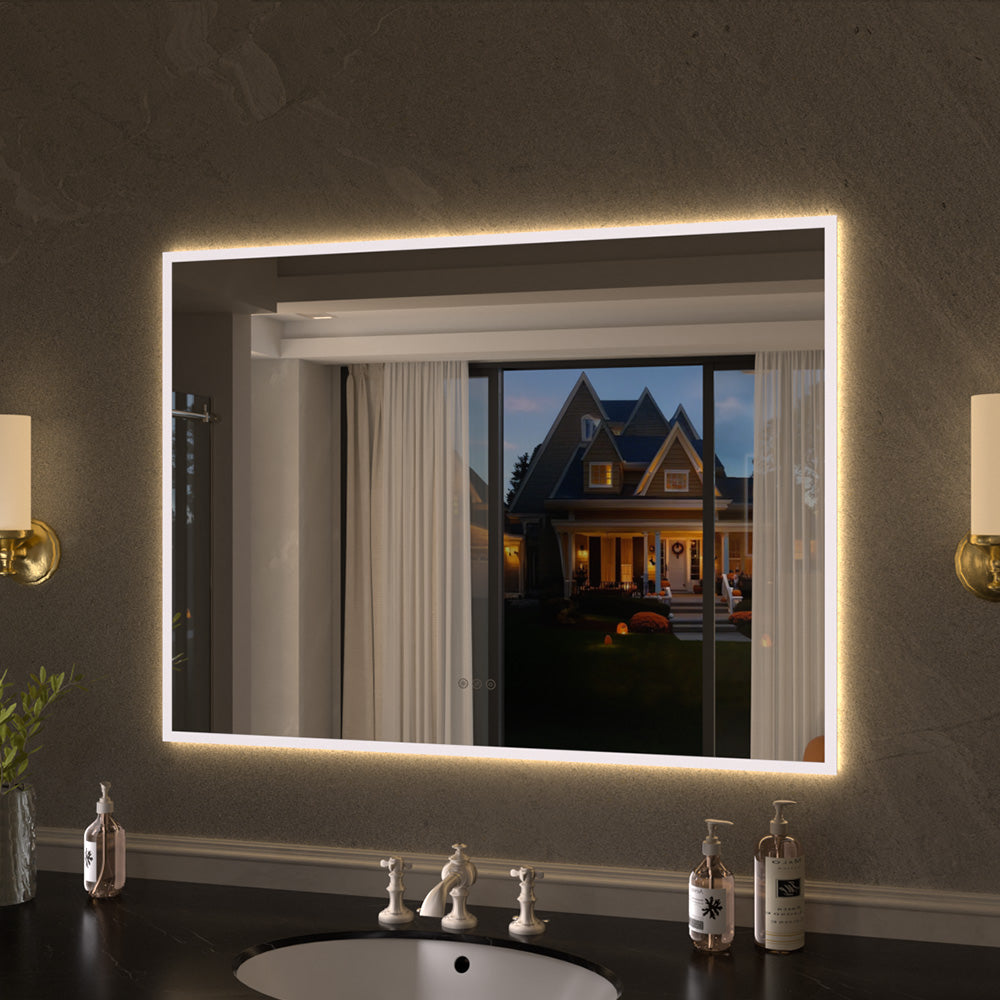 Shimmer Rectangular Frameless Anti-Fog LED Light Dimmable Wall Bathroom Vanity Mirror in Polished Crystal