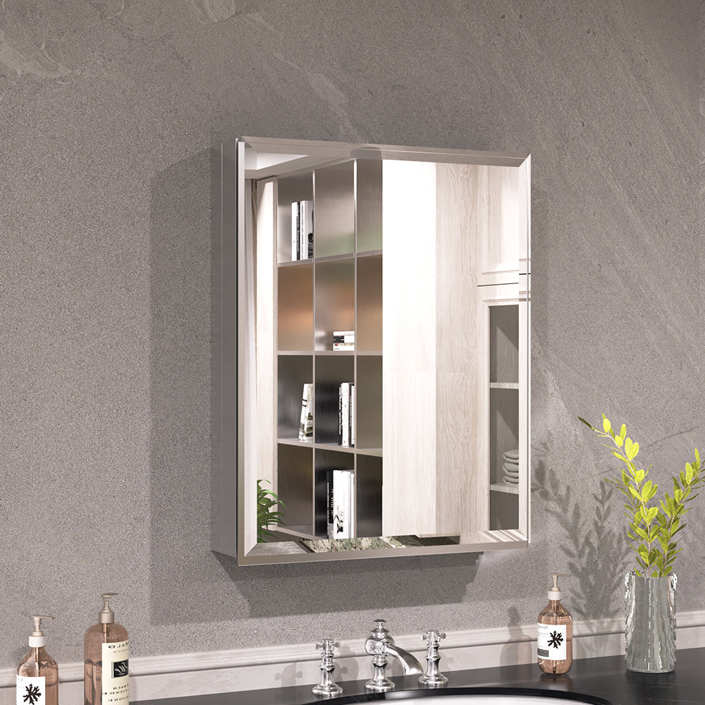 Keen Framless Recessed or Surface-Mount Rectangular Aluminum Medicine Cabinet with Mirror in Silver