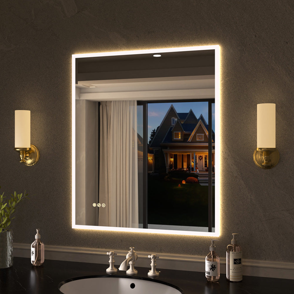Shimmer Rectangular Frameless Anti-Fog LED Light Dimmable Wall Bathroom Vanity Mirror in Polished Crystal