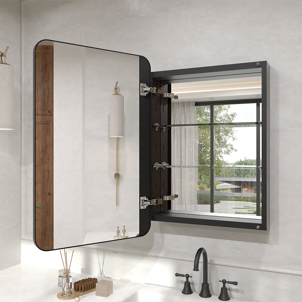 Verve Frameless Recessed or Surface-Mount Rectangular Aluminum Medicine Cabinet with Mirror in Matte Black