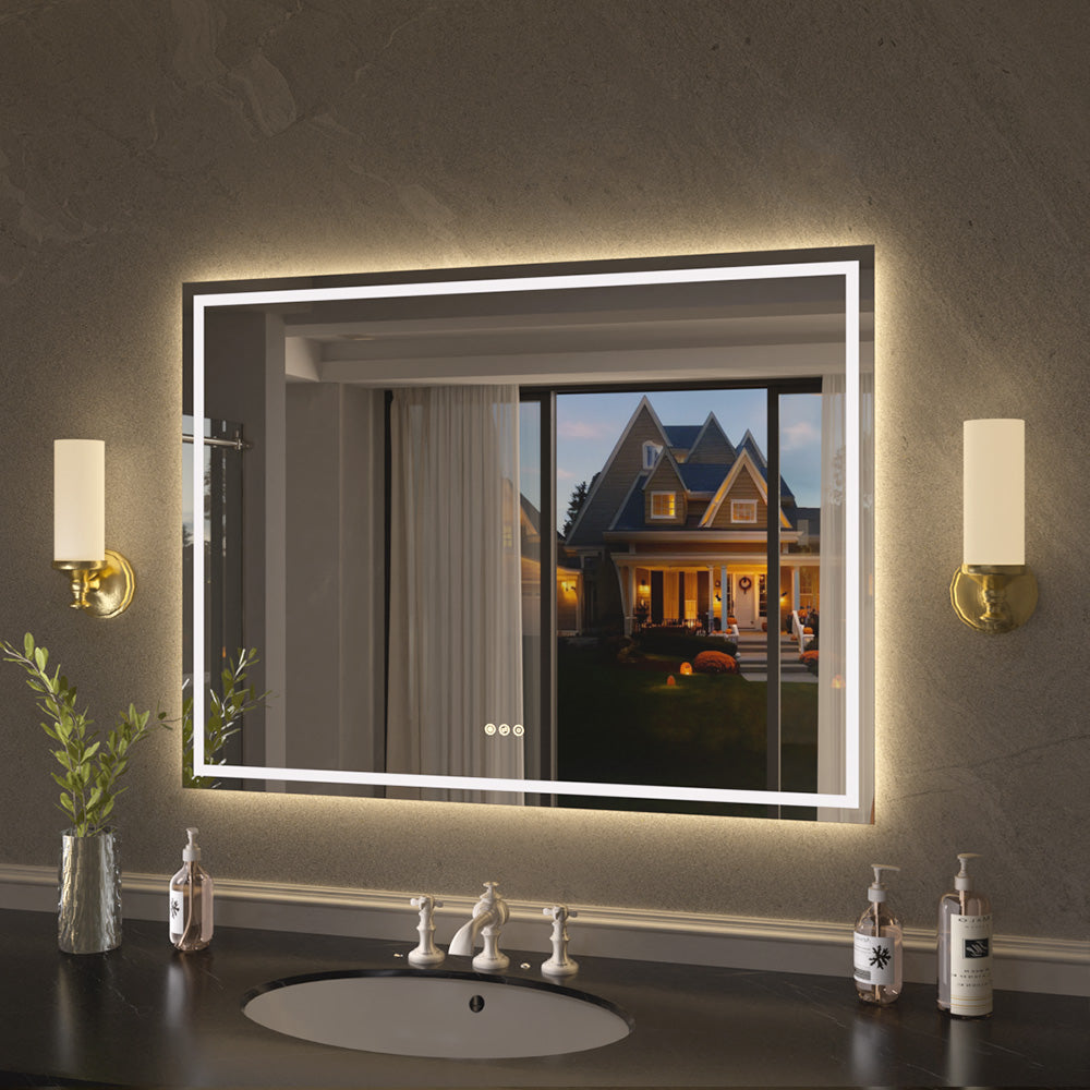 Flicker Rectangular Frameless Anti-Fog LED Light Dimmable Wall Bathroom Vanity Mirror in Polished Crystal