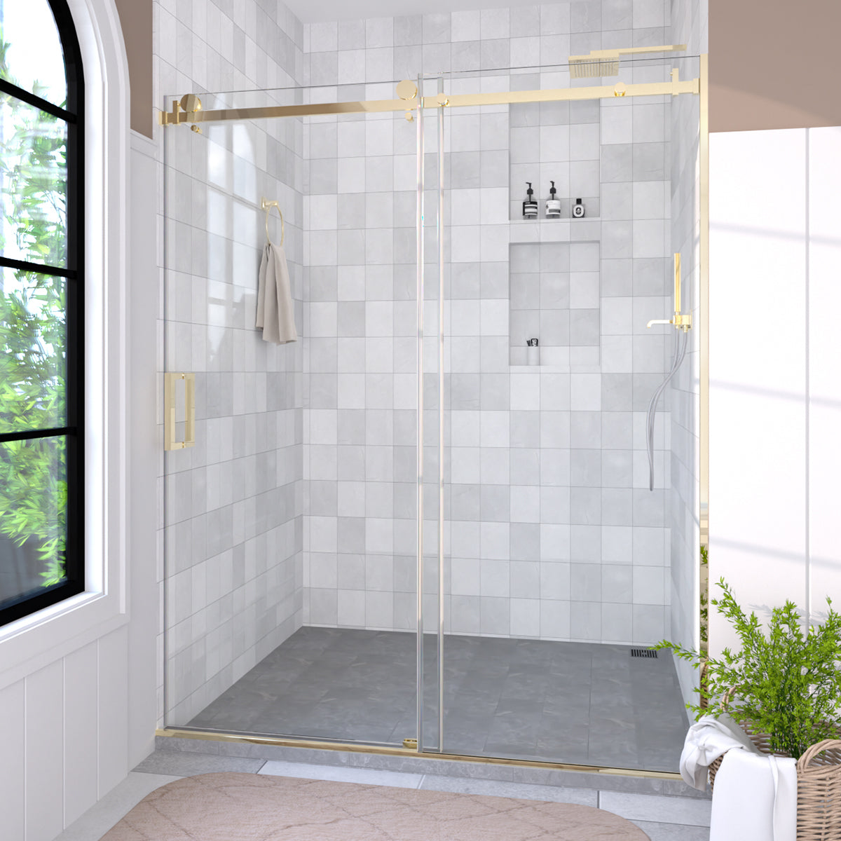 Eletta 60 in. W x 76 in. H Sliding Semi-Frameless Shower Door in Matte Black Finish with Clear Glass Brushed Gold 2_a6c547a7-b5f8-4263-b263-b3ecda917a75