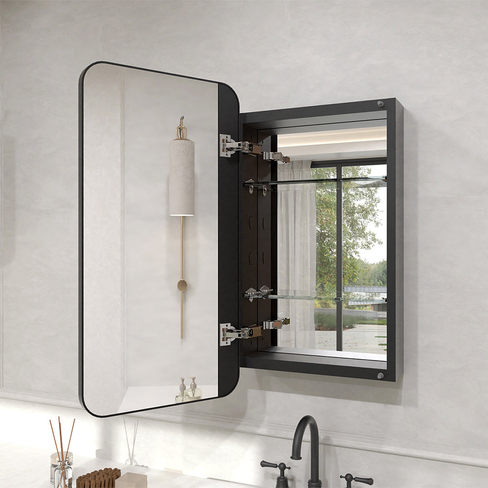 Verve Frameless Recessed or Surface-Mount Rectangular Aluminum Medicine Cabinet with Mirror in Matte Black