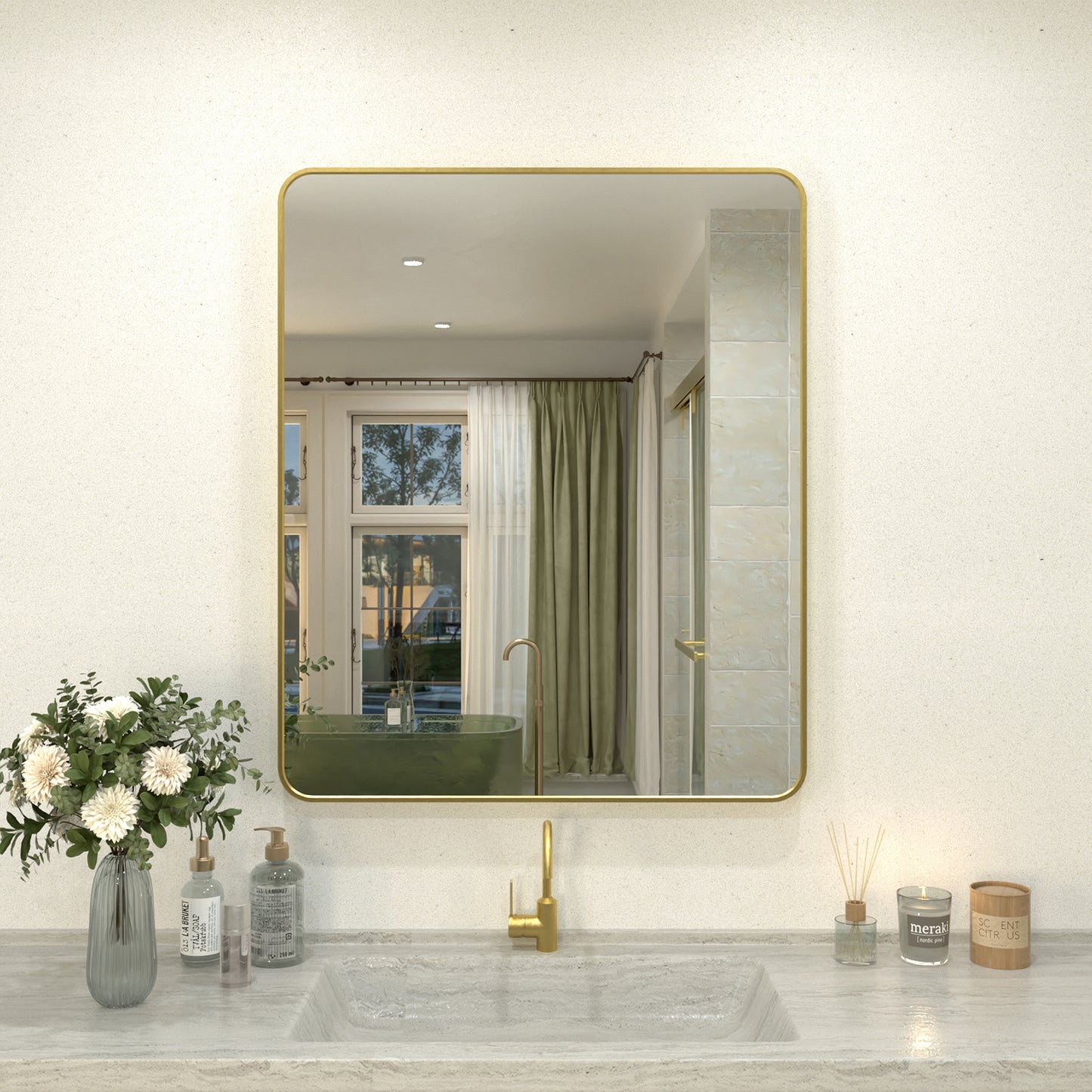 Zyphi 30 in. W x 36 in. H Rectangular Framed Wall Bathroom Vanity Mirror in Brass
