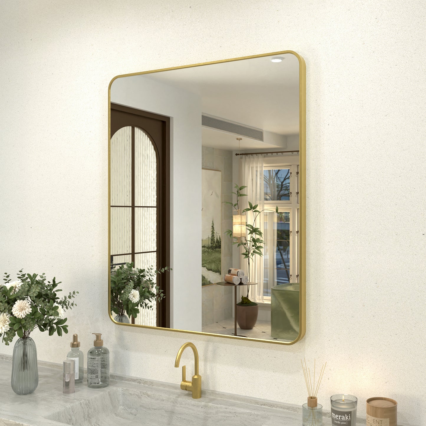 Zyphi 30 in. W x 36 in. H Rectangular Framed Wall Bathroom Vanity Mirror in Brass
