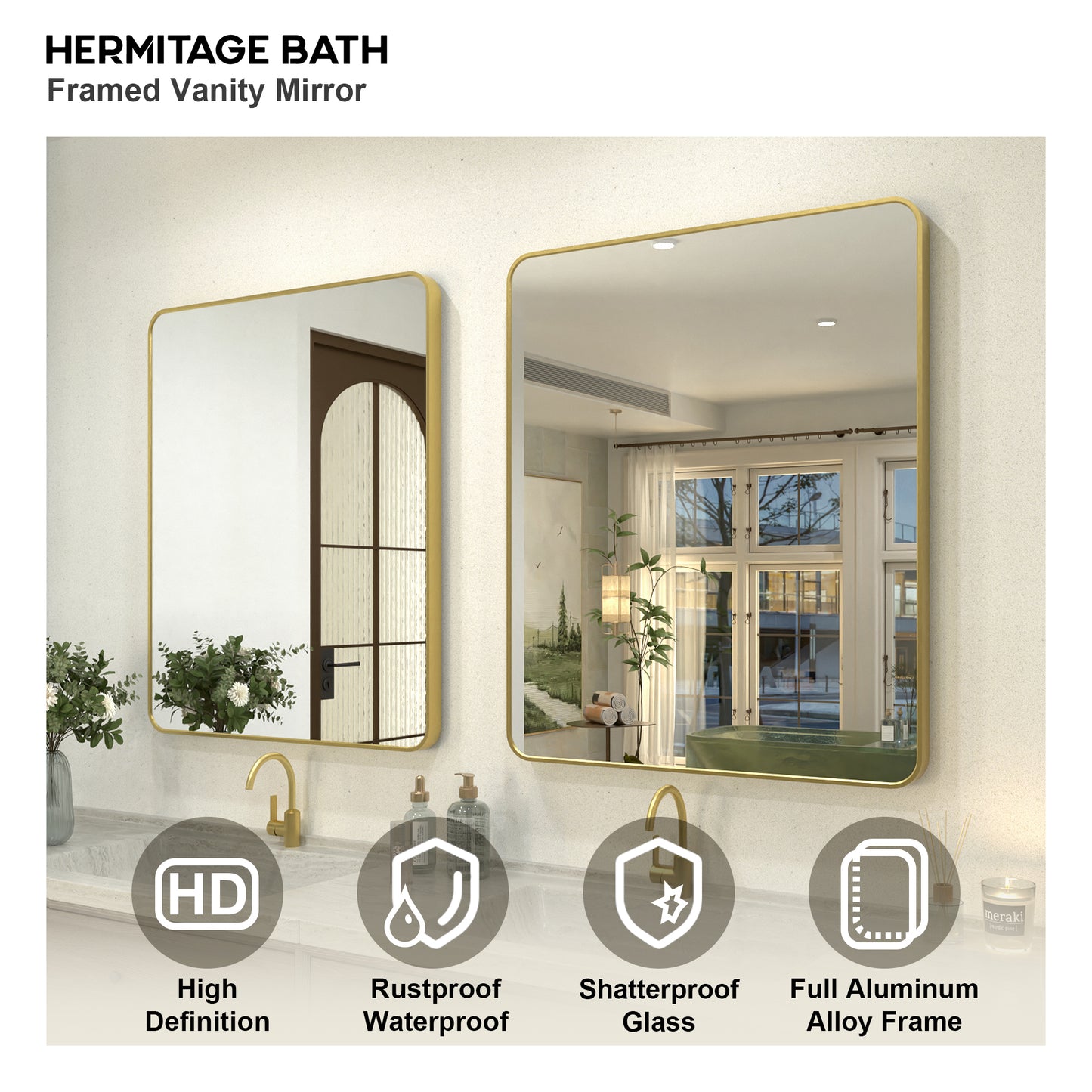 Zyphi 30 in. W x 36 in. H Rectangular Framed Wall Bathroom Vanity Mirror in Brass