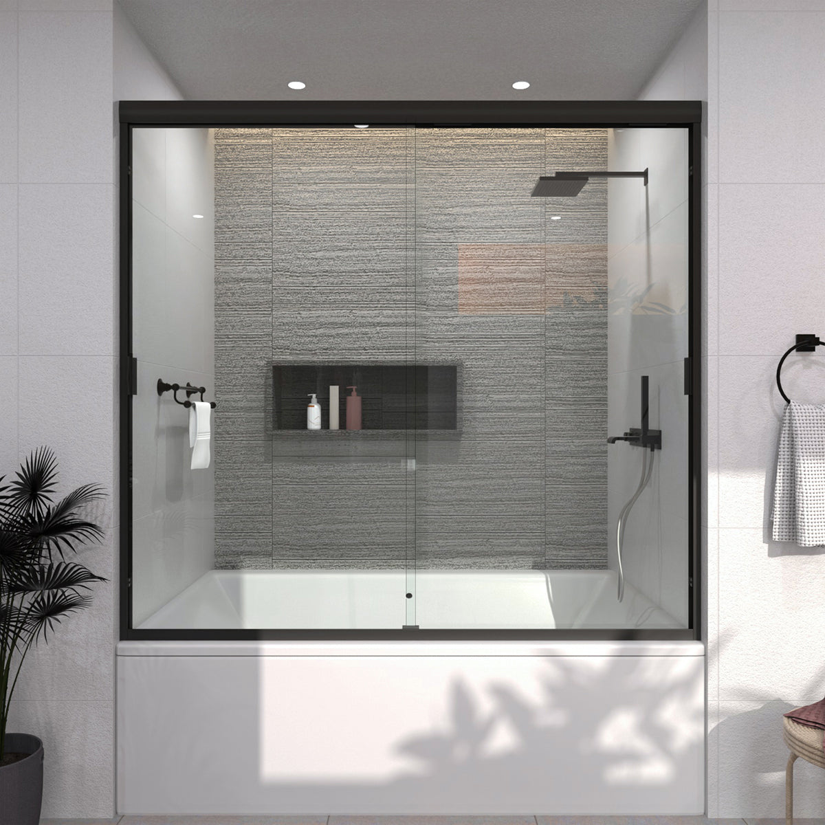 TaiMei 60 in. W x 56 in. H Sliding Semi-Frameless Tub Door with Clear Glass and Handles