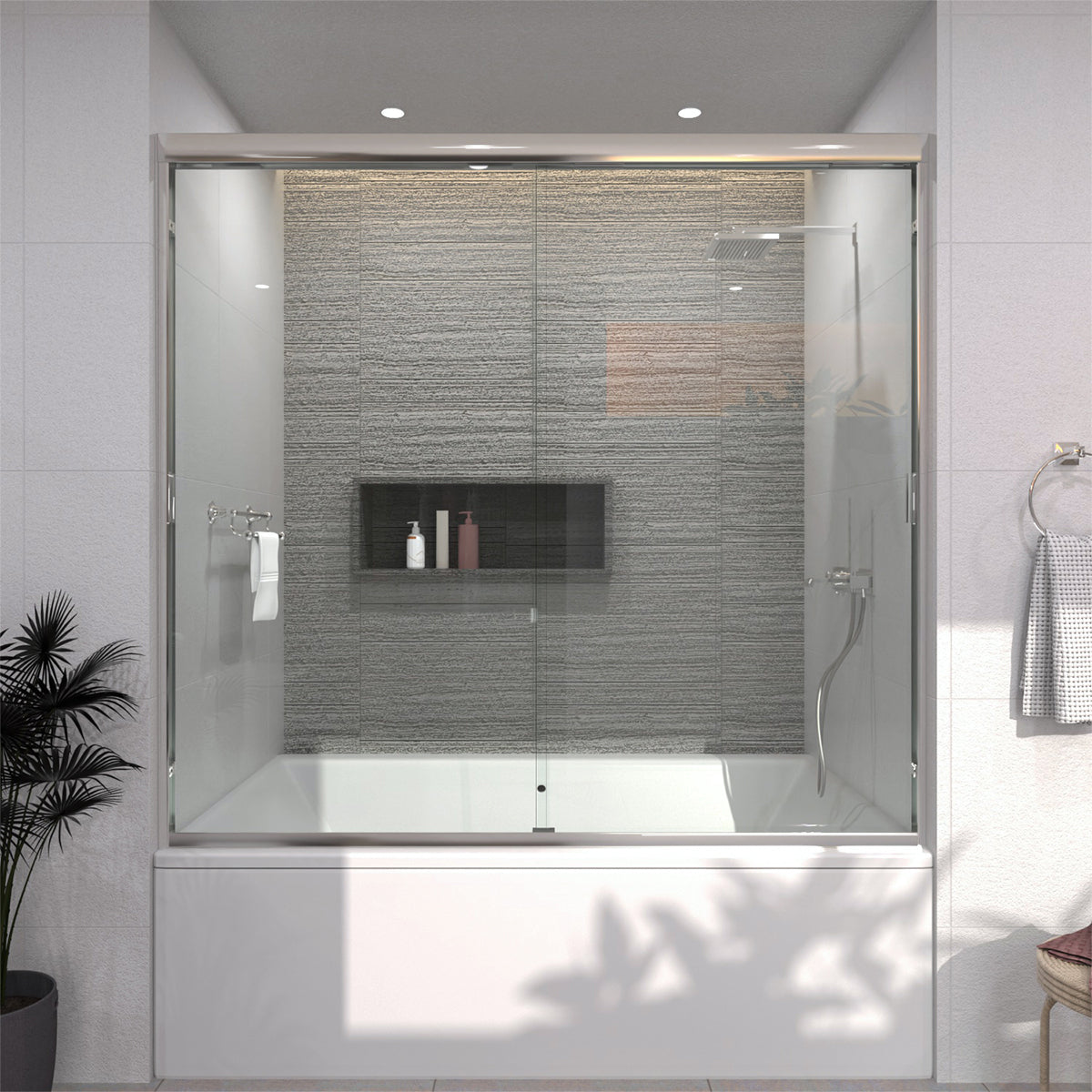 TaiMei 60 in. W x 56 in. H Sliding Semi-Frameless Tub Door with Clear Glass and Handles