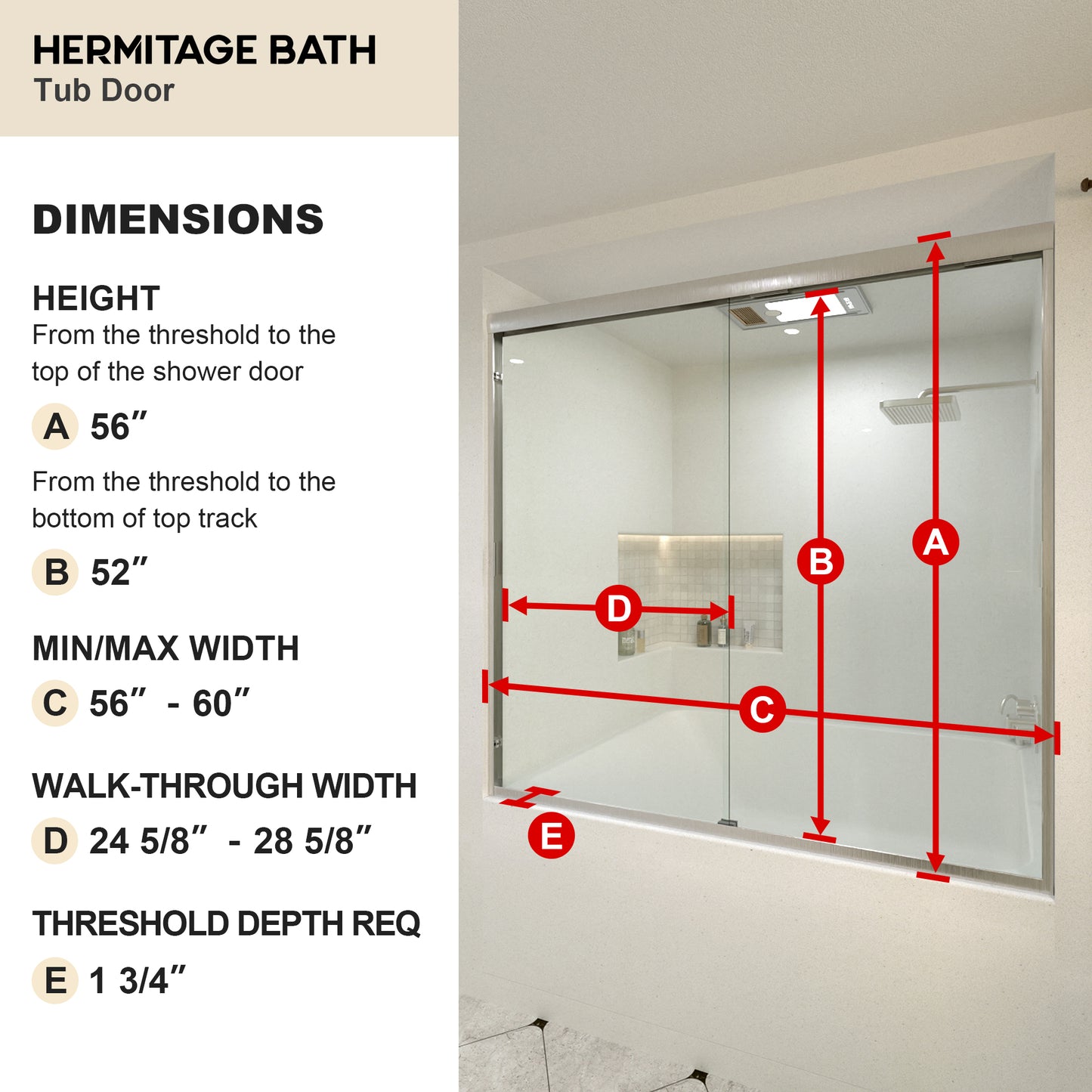 Wish 60 in. W x 56 in. H Sliding Bath Tub Door in Semi Frameless with Clear Glass