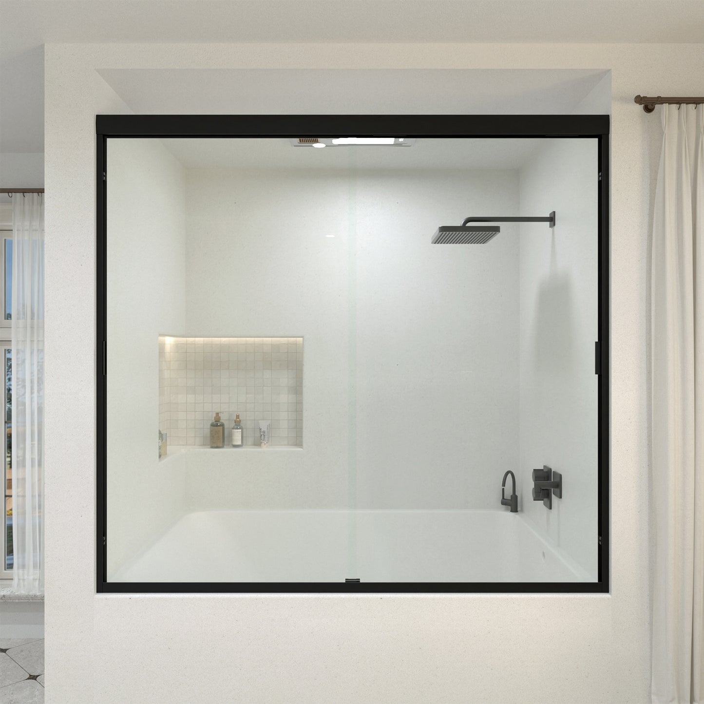 Wish 60 in. W x 56 in. H Sliding Bath Tub Door in Semi Frameless with Clear Glass