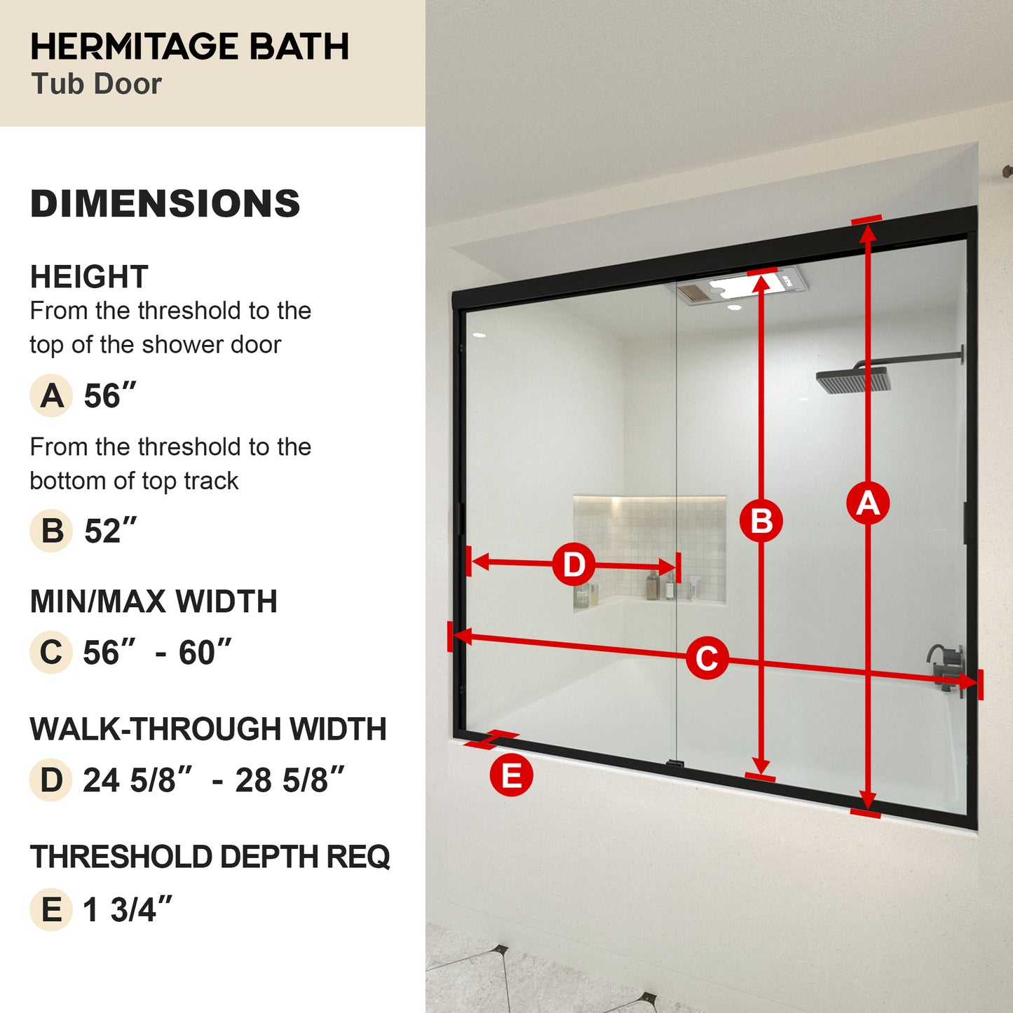 Wish 60 in. W x 56 in. H Sliding Bath Tub Door in Semi Frameless with Clear Glass