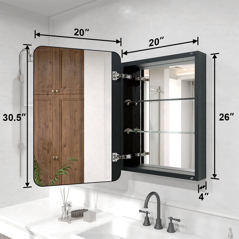 Verve Frameless Recessed or Surface-Mount Rectangular Aluminum Medicine Cabinet with Mirror in Matte Black